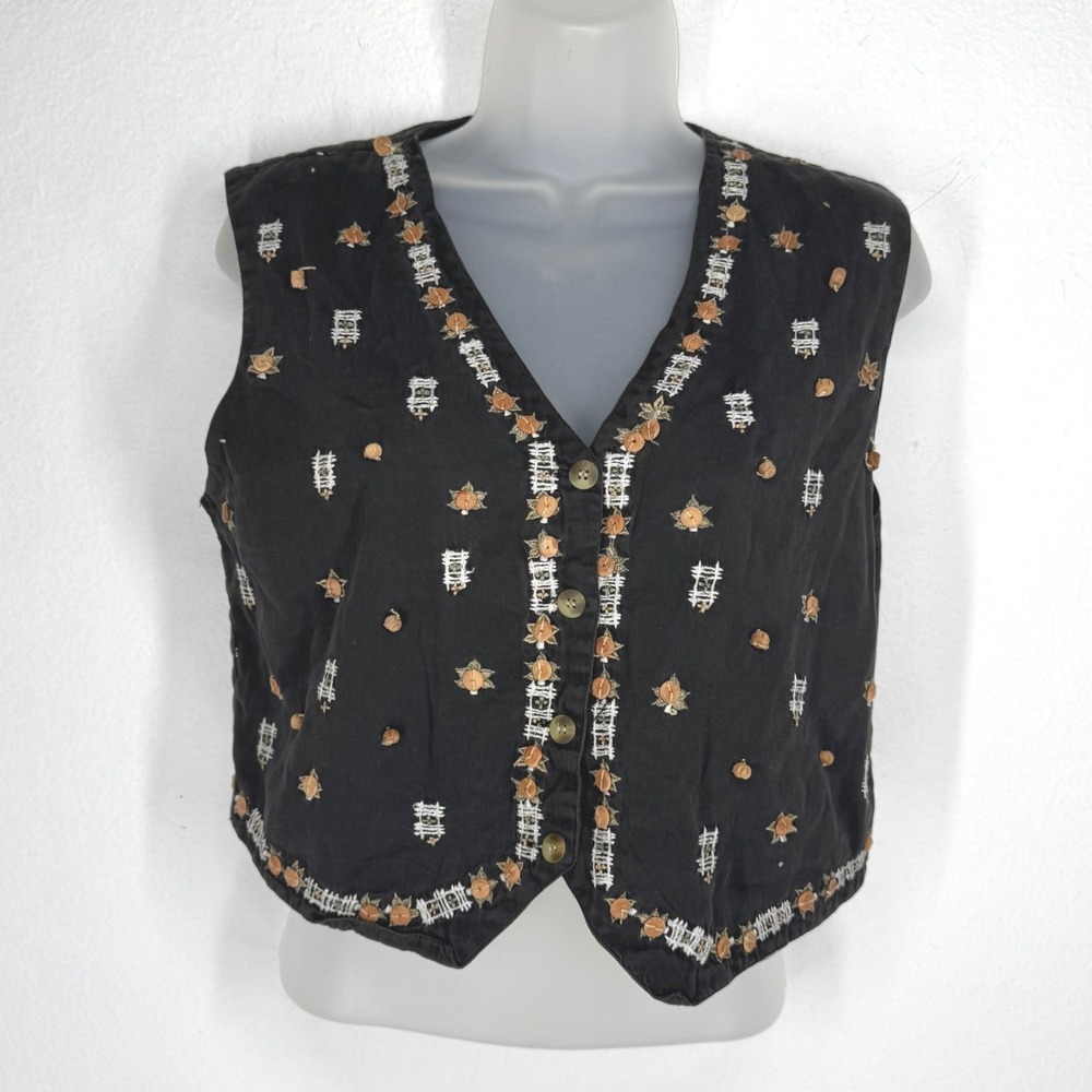 Black Embroidered Cotton Vest Wooden Bead Accents Size XS Boho Indie Granola